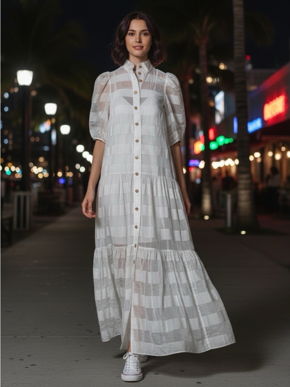 Zimmermann White Sheer Striped Maxi Dress with Puff Sleeves Size 0
